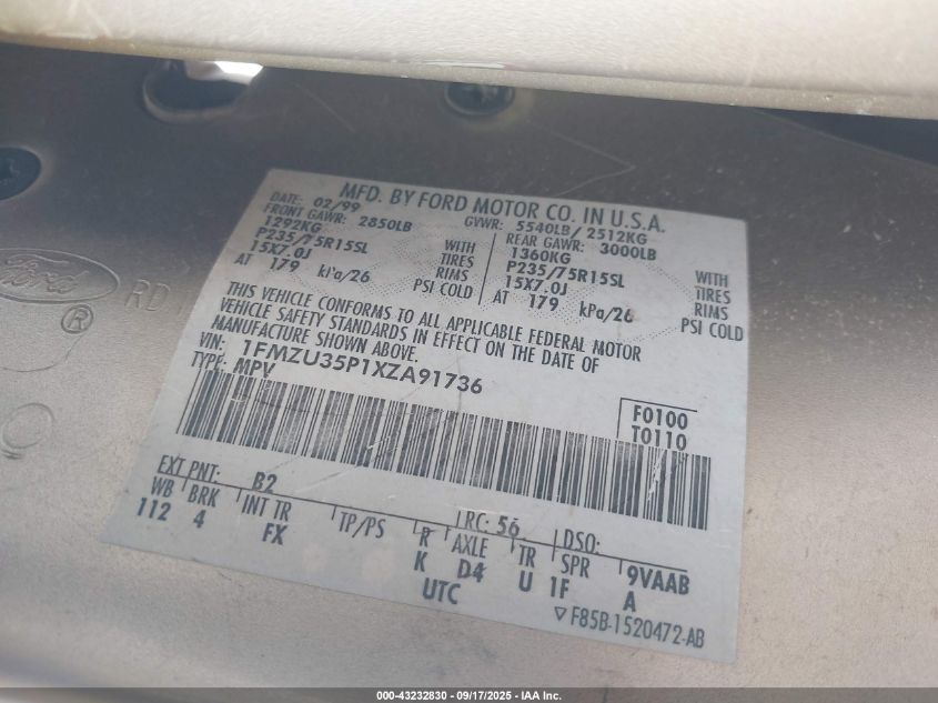 1999 Ford Explorer Eddie Bauer/Limited/Xlt VIN: 1FMZU35P1XZA91736 Lot: 43232830