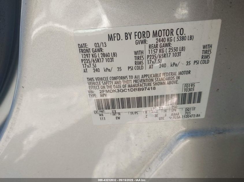 2013 Ford Edge Se VIN: 2FMDK3GC1DBB97418 Lot: 43232832