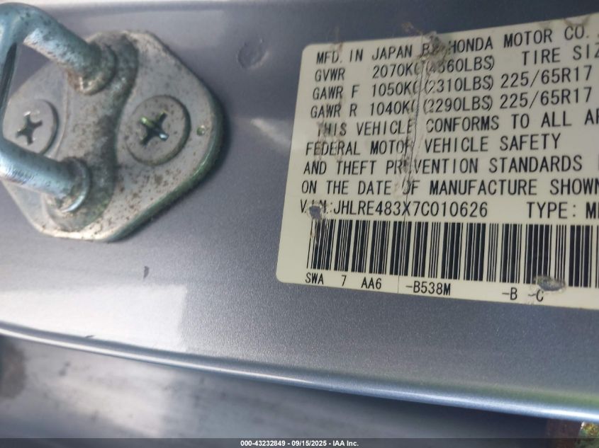 2007 Honda Cr-V Lx VIN: JHLRE483X7C010626 Lot: 43232849