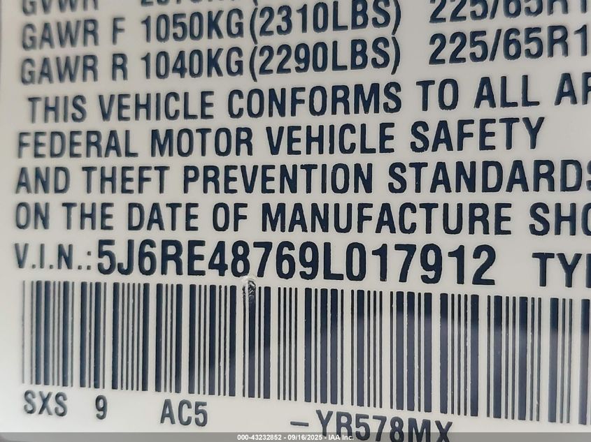 2009 Honda Cr-V Ex-L VIN: 5J6RE48769L017912 Lot: 43232852