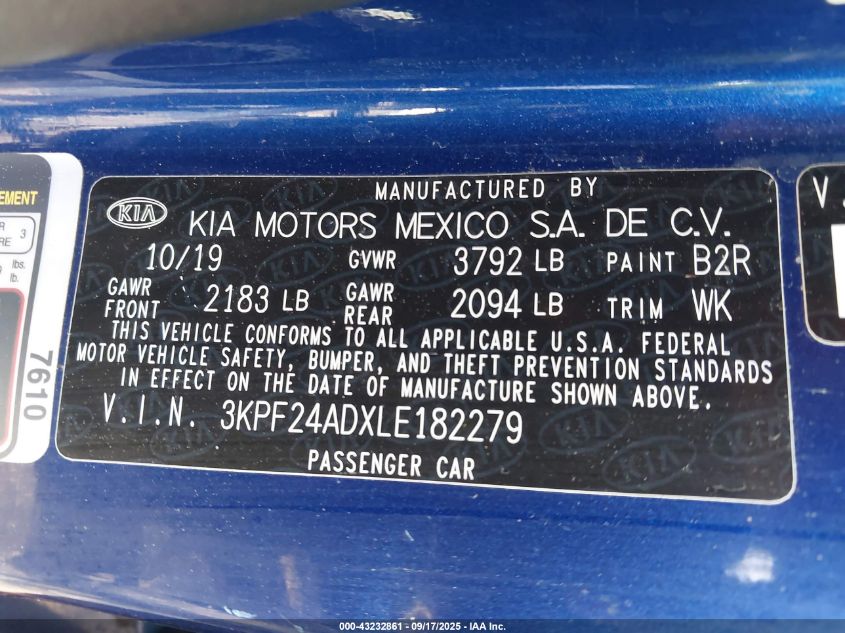 2020 Kia Forte Lxs VIN: 3KPF24ADXLE182279 Lot: 43232861