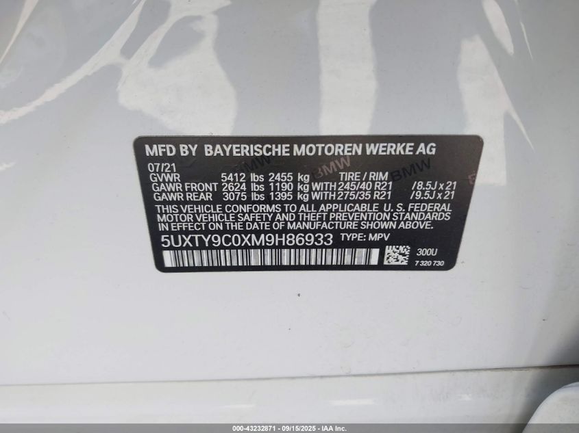 2021 BMW X3 M40I VIN: 5UXTY9C0XM9H86933 Lot: 43232871