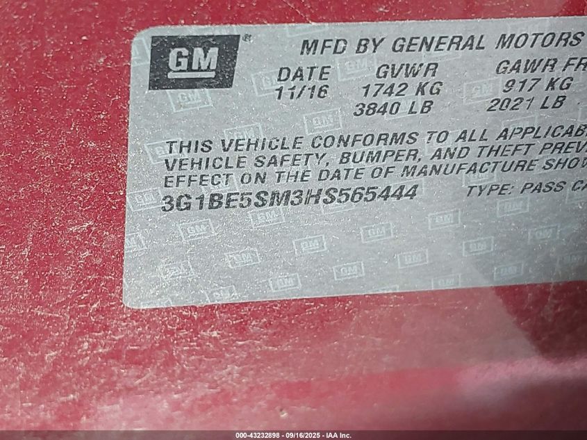 2017 Chevrolet Cruze Lt Auto VIN: 3G1BE5SM3HS565444 Lot: 43232898