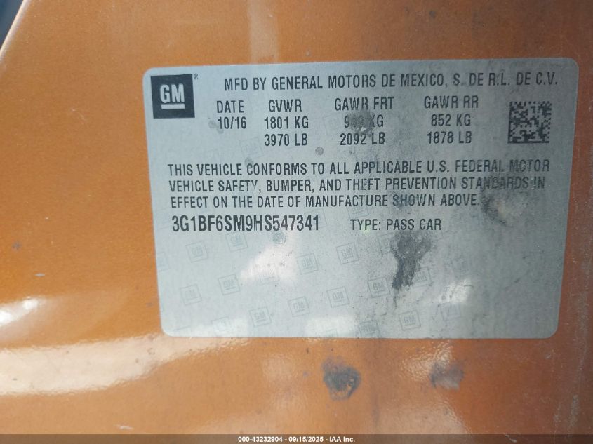 2017 Chevrolet Cruze Premier Auto VIN: 3G1BF6SM9HS547341 Lot: 43232904