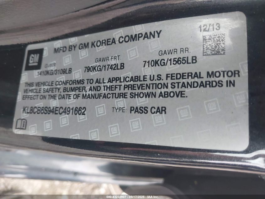 2014 Chevrolet Spark Ls Auto VIN: KL8CB6S94EC491662 Lot: 43232907