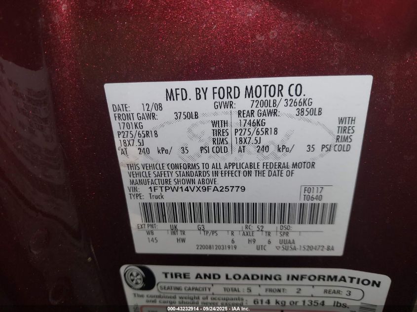 2009 Ford F-150 Fx4/King Ranch/Lariat/Platinum/Xl/Xlt VIN: 1FTPW14VX9FA25779 Lot: 43232914