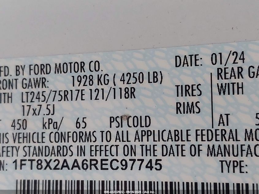 2024 Ford F-250 Xl VIN: 1FT8X2AA6REC97745 Lot: 43232922