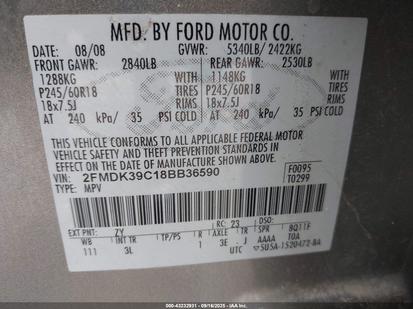 2008 Ford Edge Limited VIN: 2FMDK39C18BB36590 Lot: 43232931