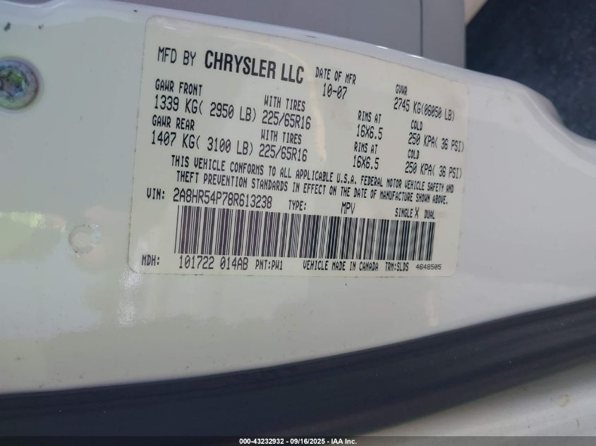 2008 Chrysler Town & Country Touring VIN: 2A8HR54P78R613238 Lot: 43232932