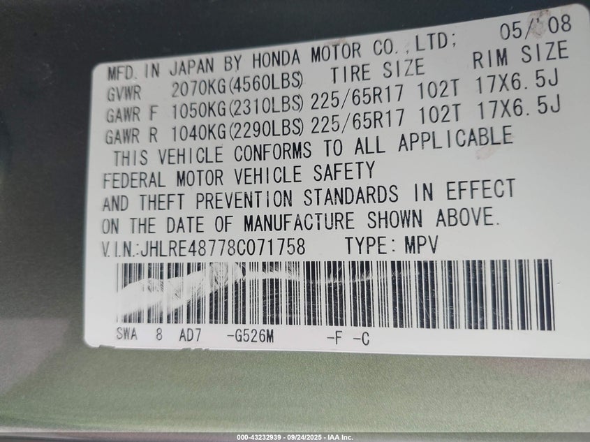 2008 Honda Cr-V Ex-L VIN: JHLRE48778C071758 Lot: 43232939