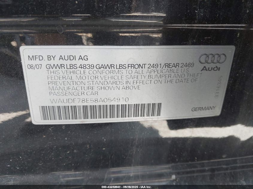 2008 Audi A4 2.0T VIN: WAUDF78E58A054910 Lot: 43232941