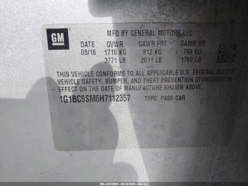 2017 Chevrolet Cruze Ls Auto VIN: 1G1BC5SM6H7112357 Lot: 43232969