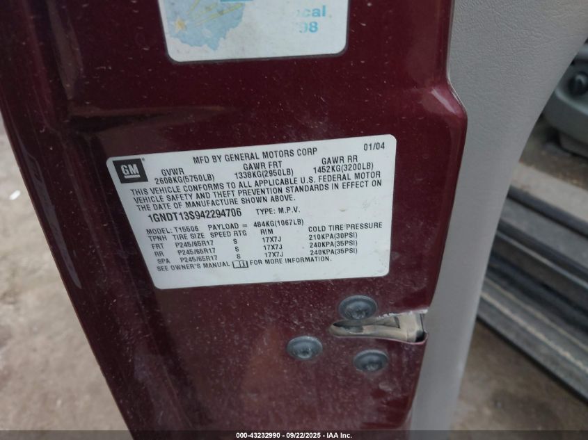 2004 Chevrolet Trailblazer Lt VIN: 1GNDT13S942294706 Lot: 43232990