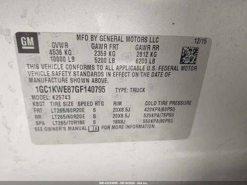 2016 Chevrolet Silverado 2500Hd Ltz VIN: 1GC1KWE87GF140795 Lot: 43233000