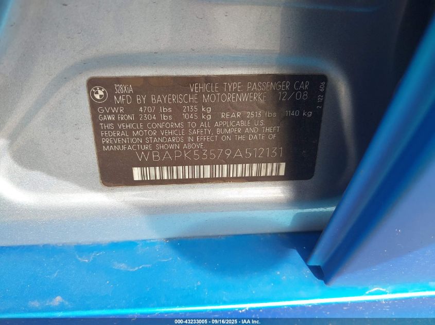 2009 BMW 328I xDrive VIN: WBAPK53579A512131 Lot: 43233005