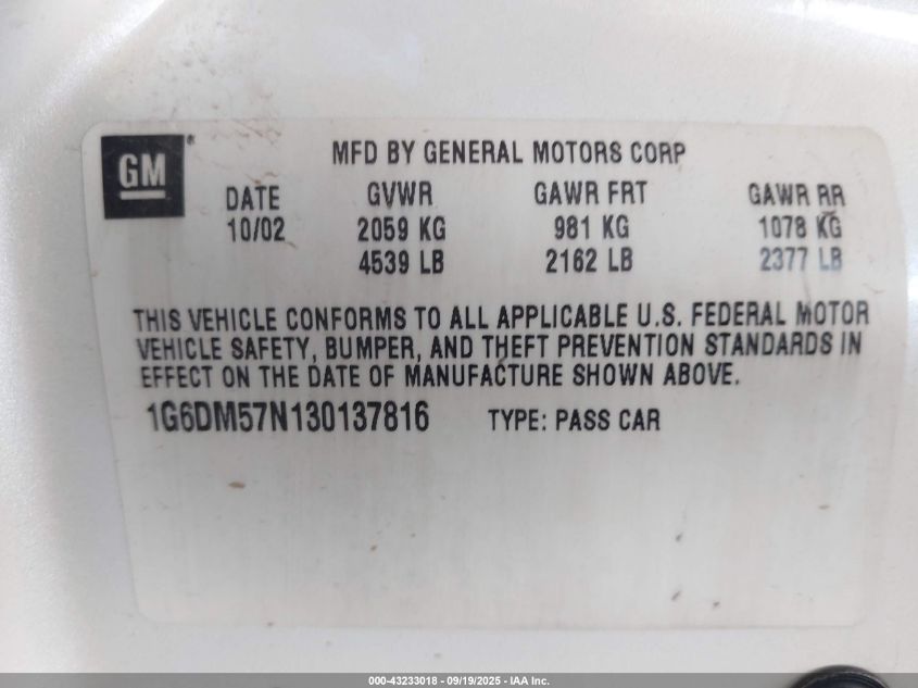 2003 Cadillac Cts Standard VIN: 1G6DM57N130137816 Lot: 43233018