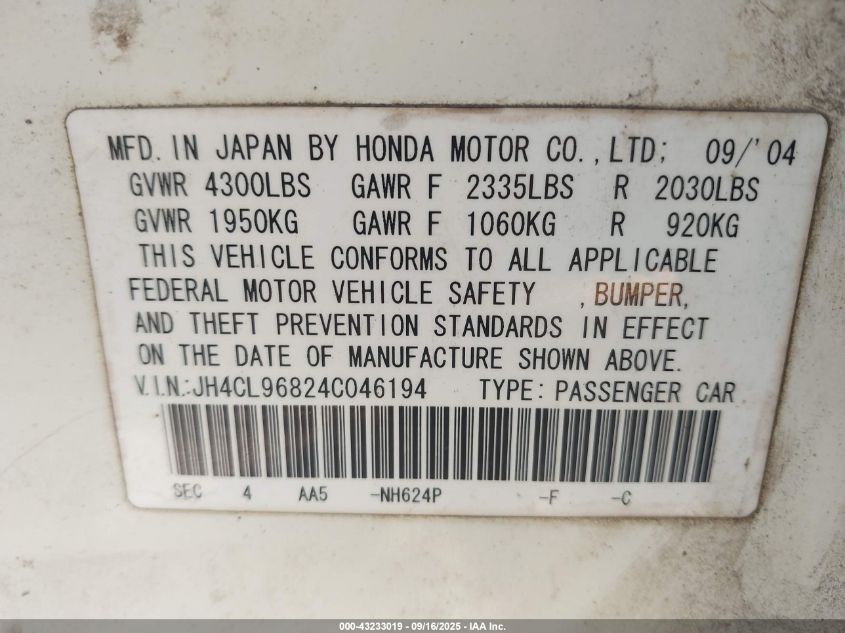 2004 Acura Tsx VIN: JH4CL96824C046194 Lot: 43233019