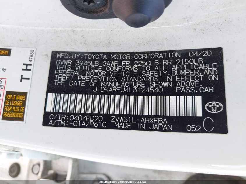 2020 Toyota Prius Le VIN: JTDKARFU4L3124540 Lot: 43233020