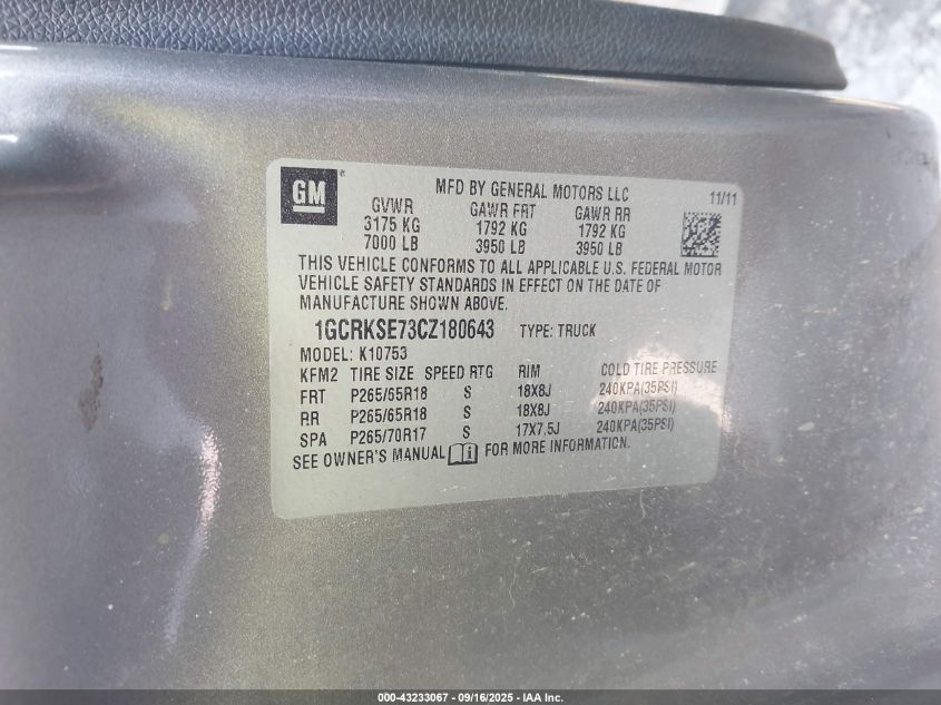 2012 Chevrolet Silverado 1500 Lt VIN: 1GCRKSE73CZ180643 Lot: 43233067
