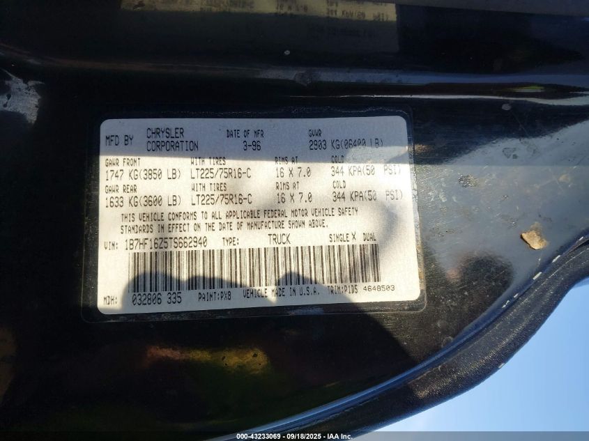 1996 Dodge Ram 1500 VIN: 1B7HF16Z5TS662940 Lot: 43233069