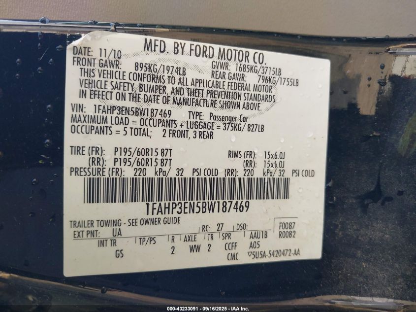 2011 Ford Focus S VIN: 1FAHP3EN5BW187469 Lot: 43233091