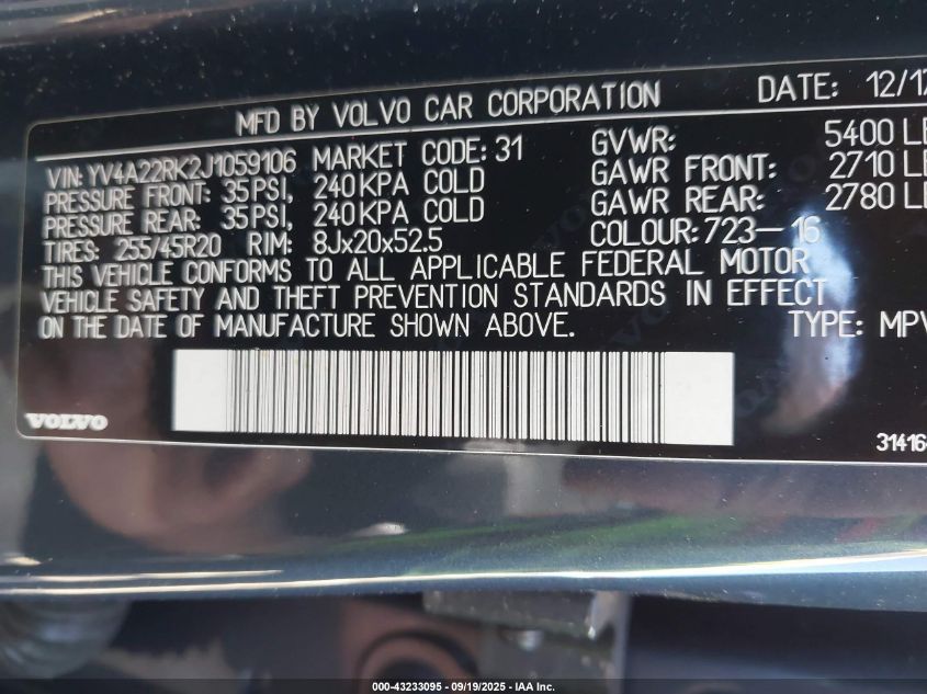 2018 Volvo Xc60 T6 Momentum VIN: YV4A22RK2J1059106 Lot: 43233095