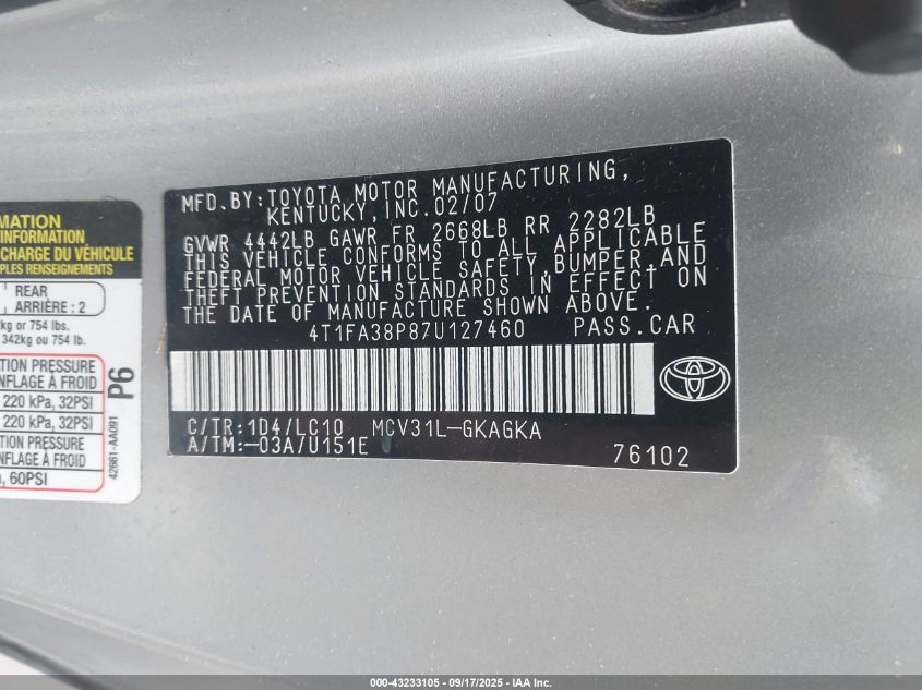 2007 Toyota Camry Solara Sle VIN: 4T1FA38P87U127460 Lot: 43233105