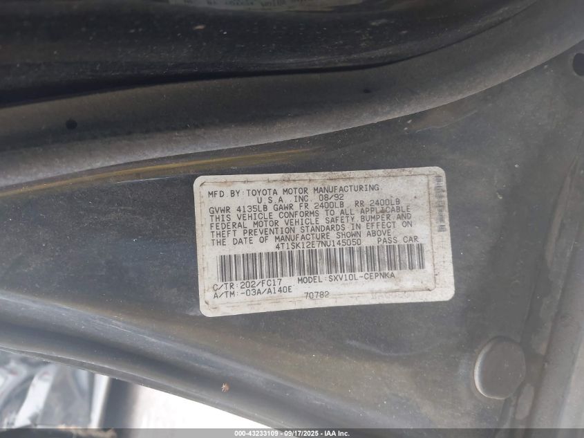 1992 Toyota Camry Le VIN: 4T1SK12E7NU145050 Lot: 43233109