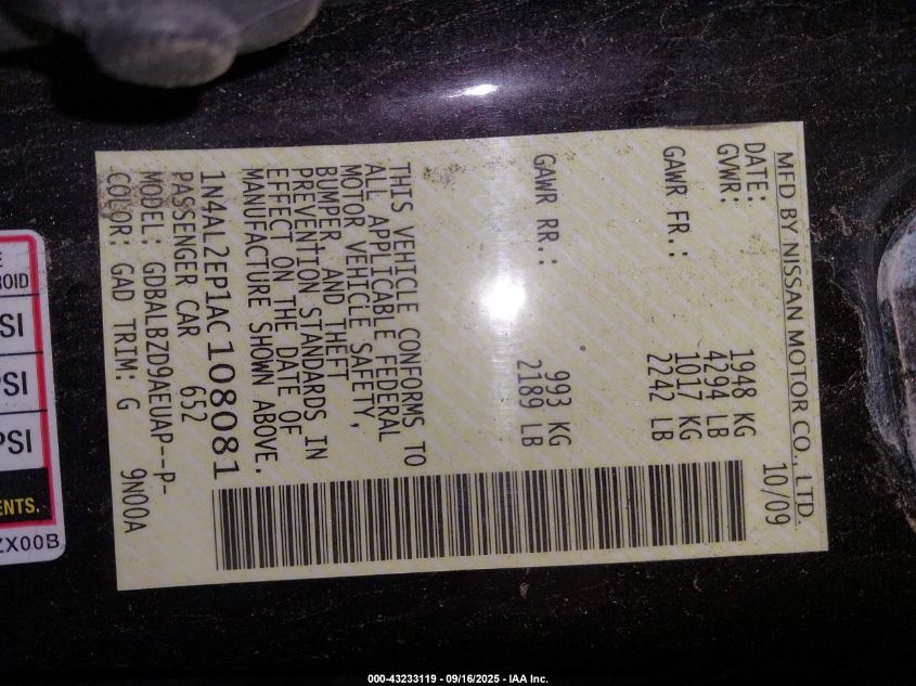 2010 Nissan Altima S VIN: 1N4AL2EP1AC108081 Lot: 43233119