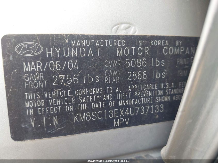 2004 Hyundai Santa Fe Gls/Lx VIN: KM8SC13EX4U737133 Lot: 43233121
