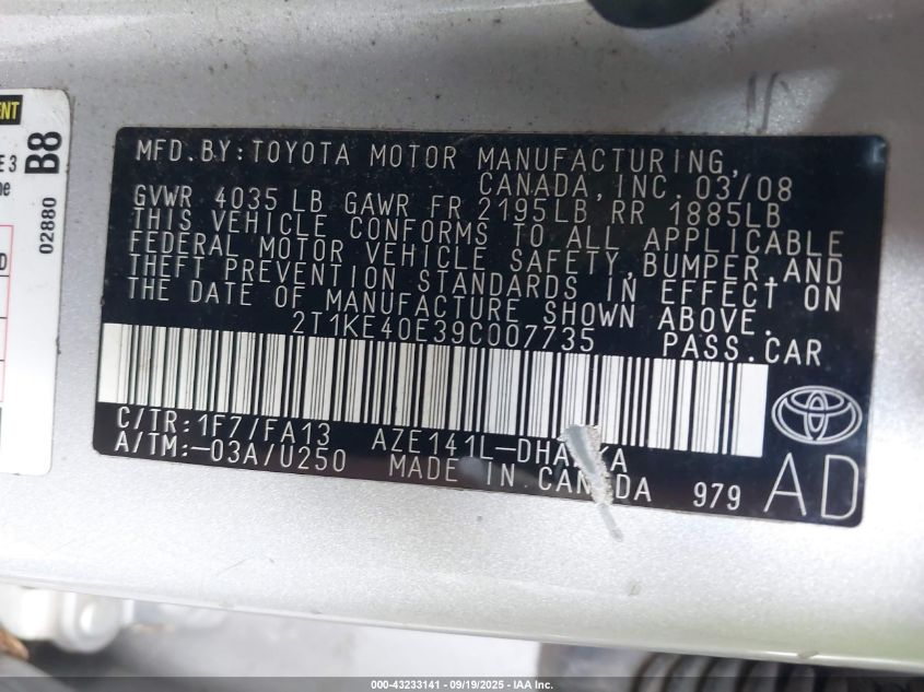 2009 Toyota Matrix S VIN: 2T1KE40E39C007735 Lot: 43233141