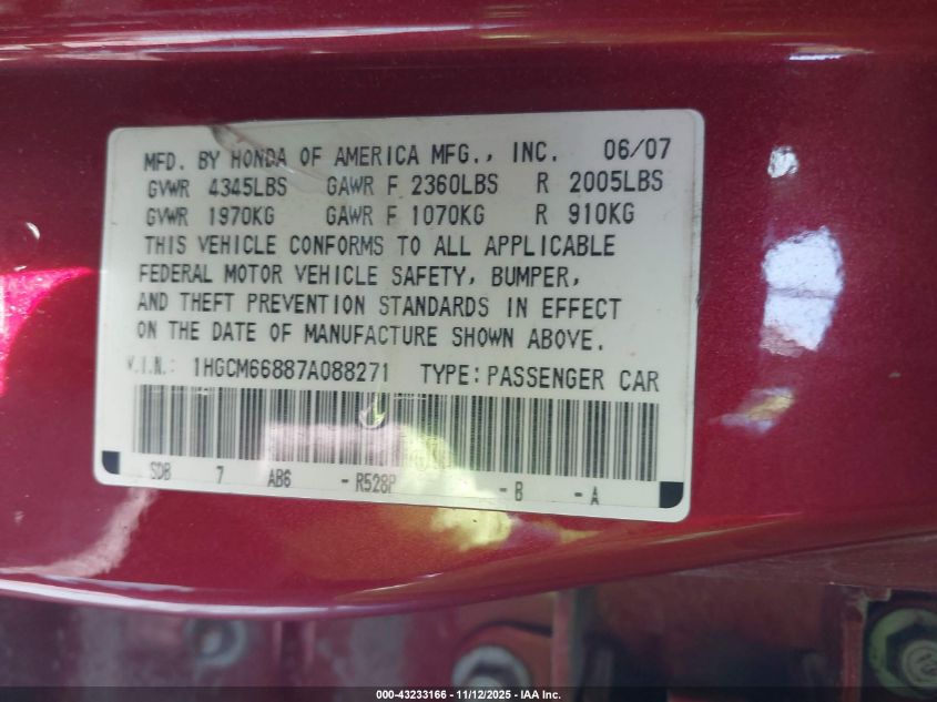 2007 Honda Accord 3.0 Ex VIN: 1HGCM66887A088271 Lot: 43233166