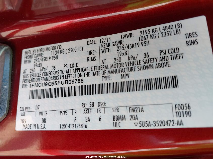 2015 Ford Escape Se VIN: 1FMCU9G95FUB06788 Lot: 43233168