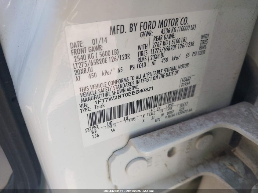 2014 Ford F-250 Lariat VIN: 1FT7W2BT0EEB40821 Lot: 43233171