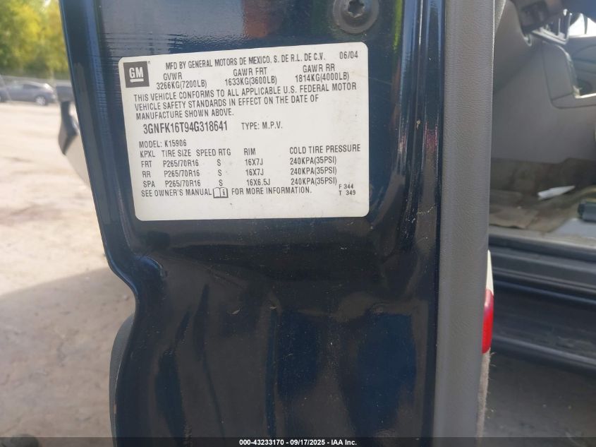 2004 Chevrolet Suburban 1500 Ls VIN: 3GNFK16T94G318641 Lot: 43233170