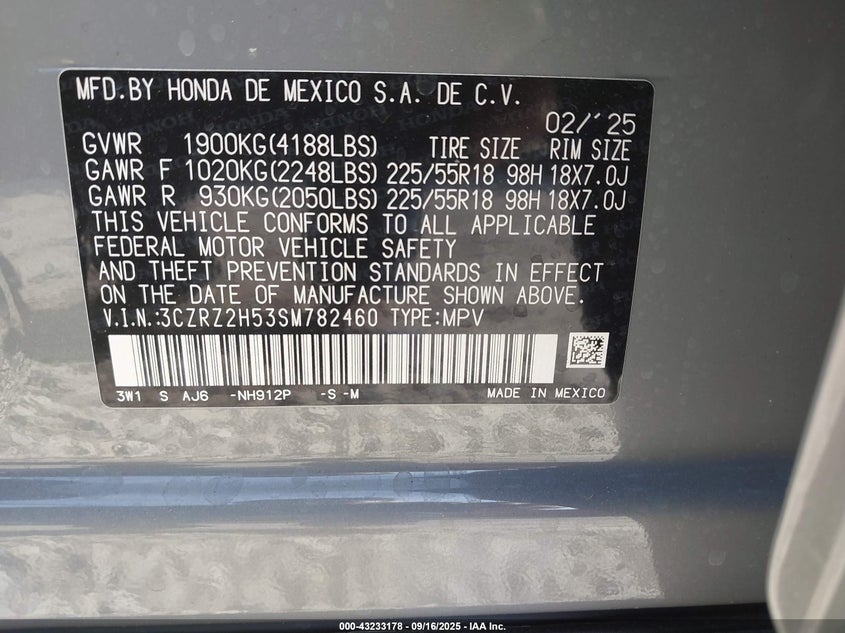 2025 HONDA HR-V AWD SPORT - 3CZRZ2H53SM782460