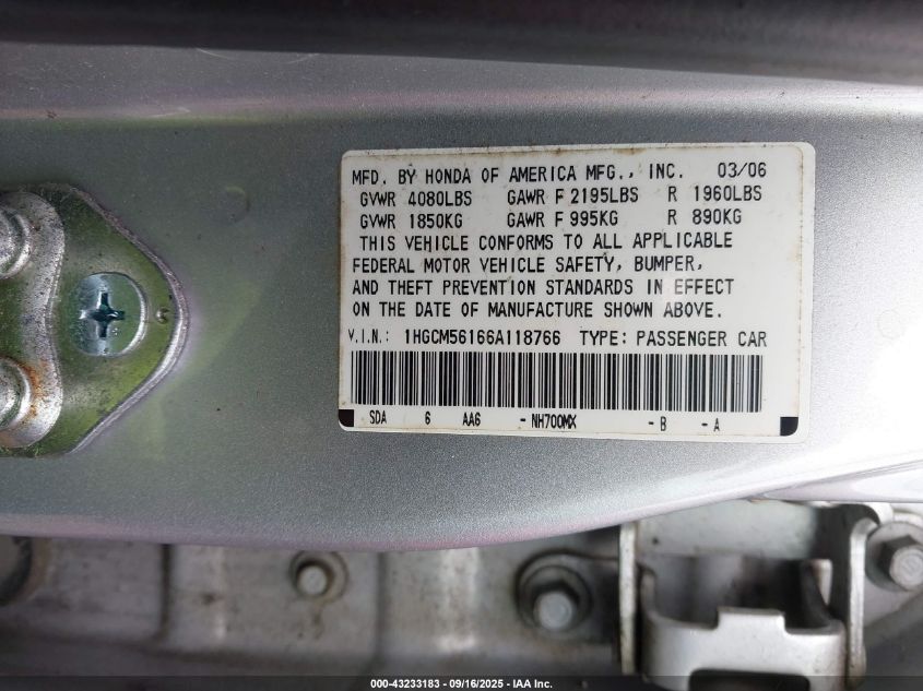 2006 Honda Accord 2.4 Vp VIN: 1HGCM56166A118766 Lot: 43233183