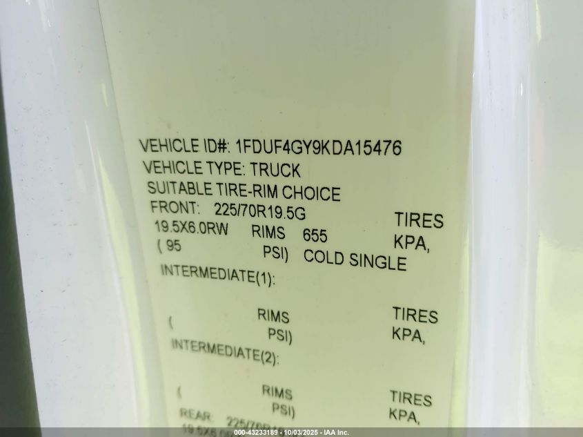 2019 Ford F-450 Chassis Xl VIN: 1FDUF4GY9KDA15476 Lot: 43233189