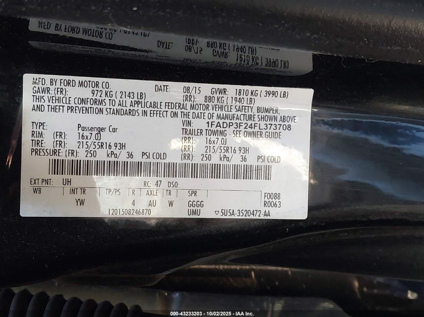 2015 Ford Focus Se VIN: 1FADP3F24FL373708 Lot: 43233203