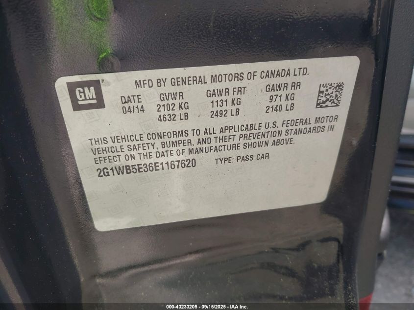 2014 Chevrolet Impala Limited Lt VIN: 2G1WB5E36E1167620 Lot: 43233205