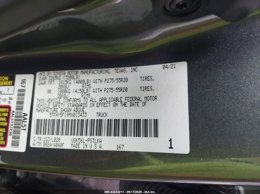 2021 Toyota Tundra Limited VIN: 5TFHY5F19MX013433 Lot: 43233211