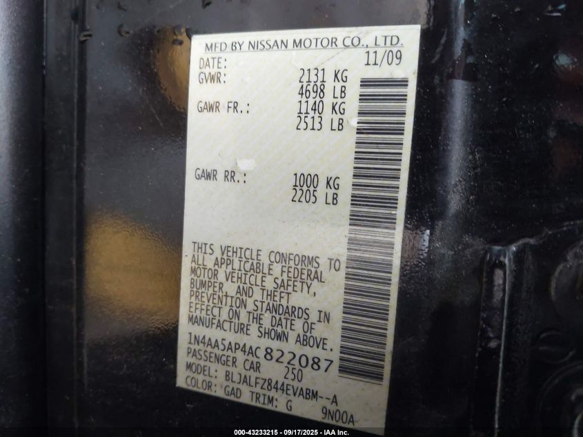 2010 Nissan Maxima 3.5 Sv VIN: 1N4AA5AP4AC822087 Lot: 43233215