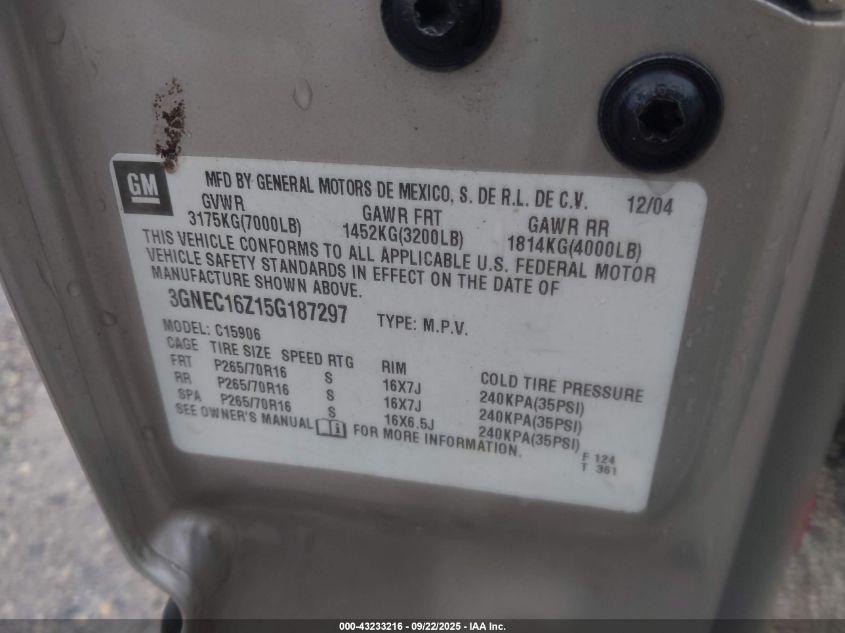 2005 Chevrolet Suburban 1500 Ls VIN: 3GNEC16Z15G187297 Lot: 43233216