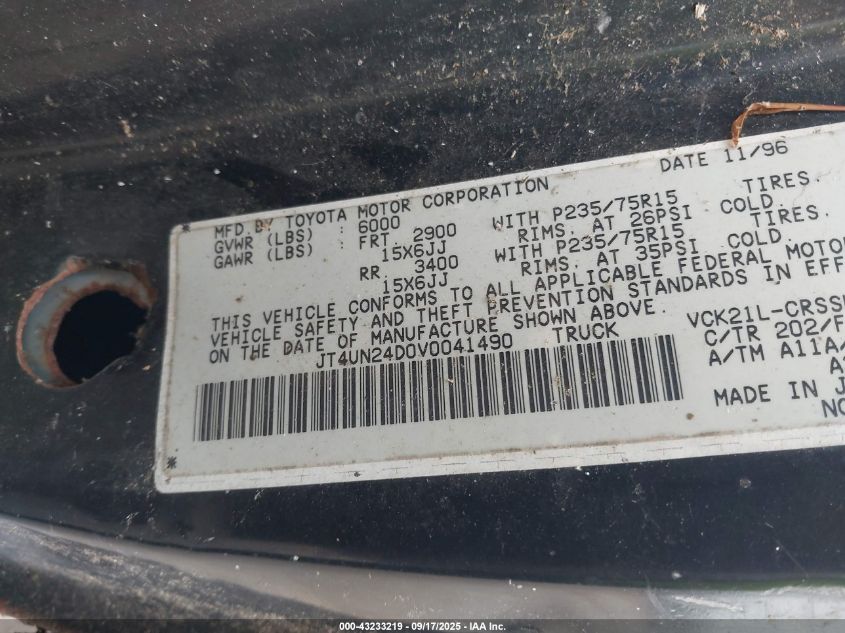 1997 Toyota T100 Sr5 V6 VIN: JT4UN24D0V0041490 Lot: 43233219