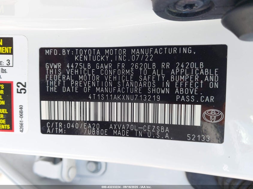 2022 TOYOTA CAMRY SE 4T1S11AKXNU713219