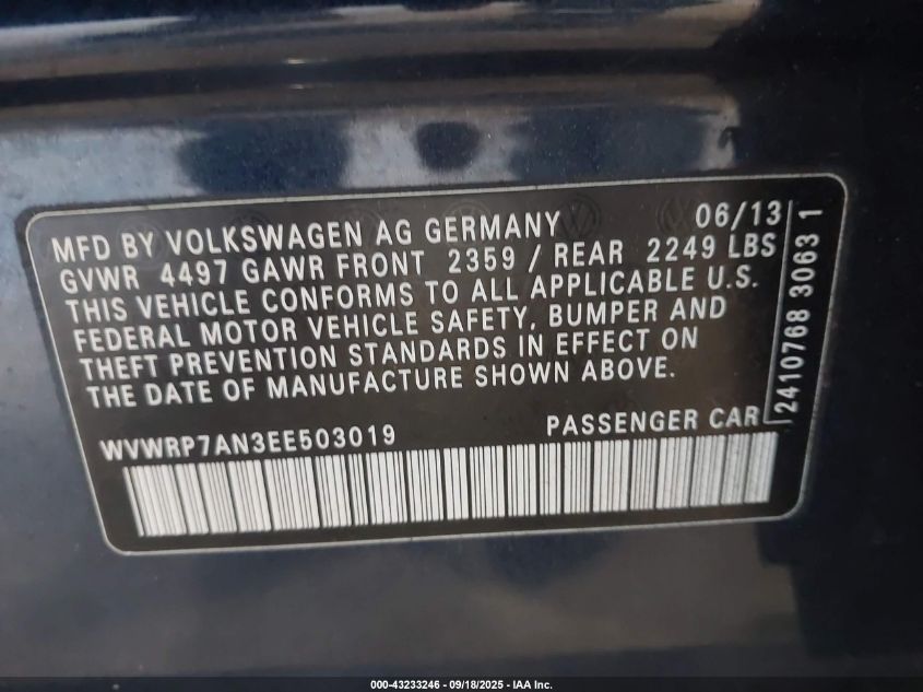 2014 Volkswagen Cc 2.0T Executive VIN: WVWRP7AN3EE503019 Lot: 43233246