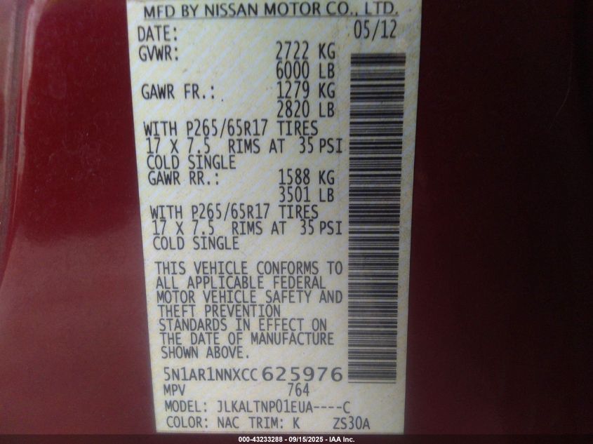 2012 Nissan Pathfinder Sv VIN: 5N1AR1NNXCC625976 Lot: 43233288