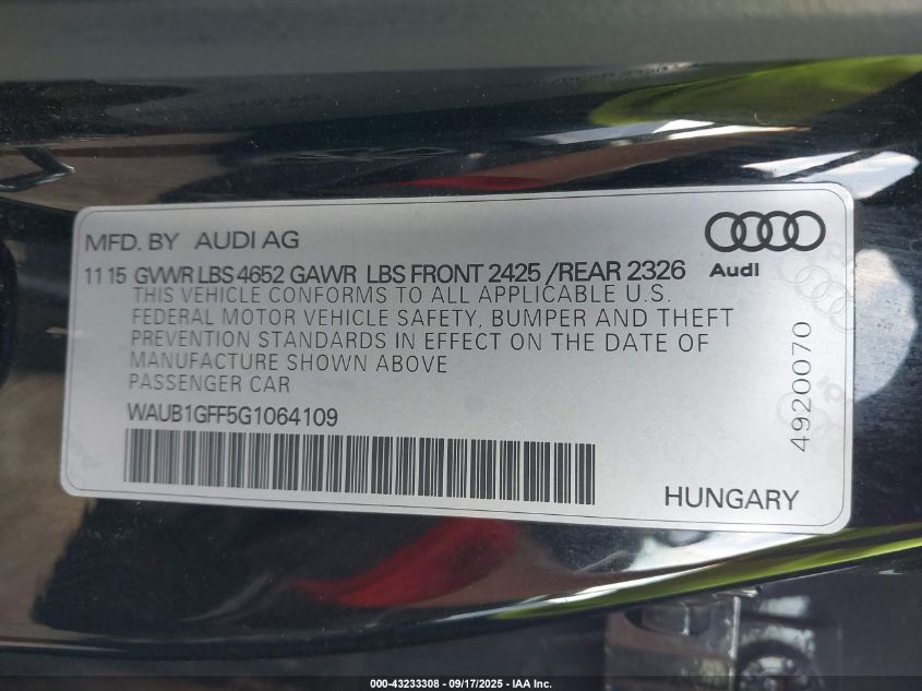 2016 Audi S3 2.0T Premium Plus VIN: WAUB1GFF5G1064109 Lot: 43233308