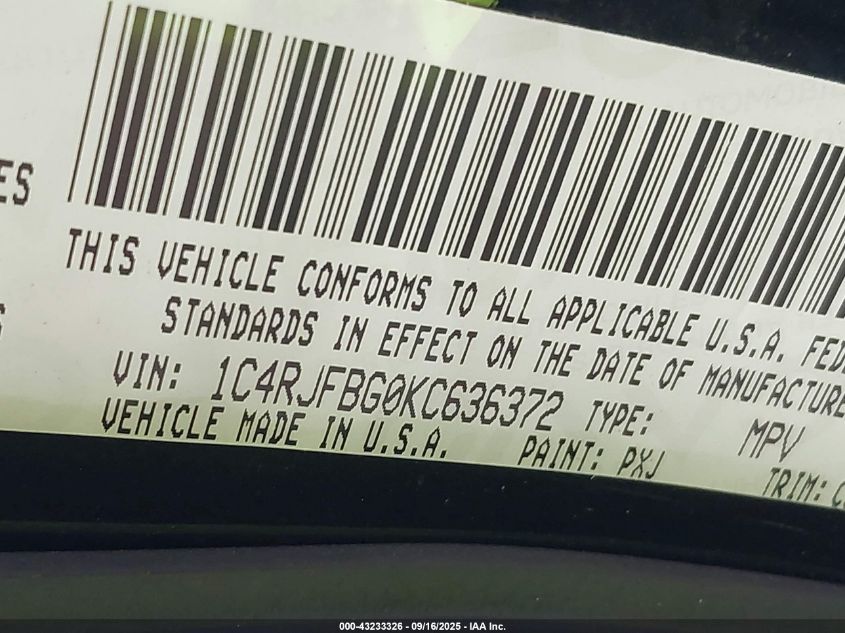 2019 Jeep Grand Cherokee L VIN: 1C4RJFBG0KC63672 Lot: 43233326