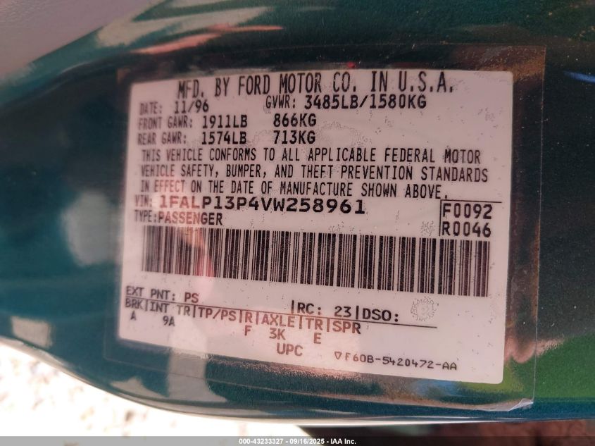 1997 Ford Escort Lx VIN: 1FALP13P4VW258961 Lot: 43233327